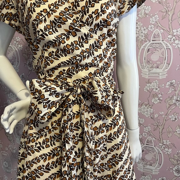 Wrap top dress with A line full skirt in vanilla and brown vine print - Picture 7 of 10